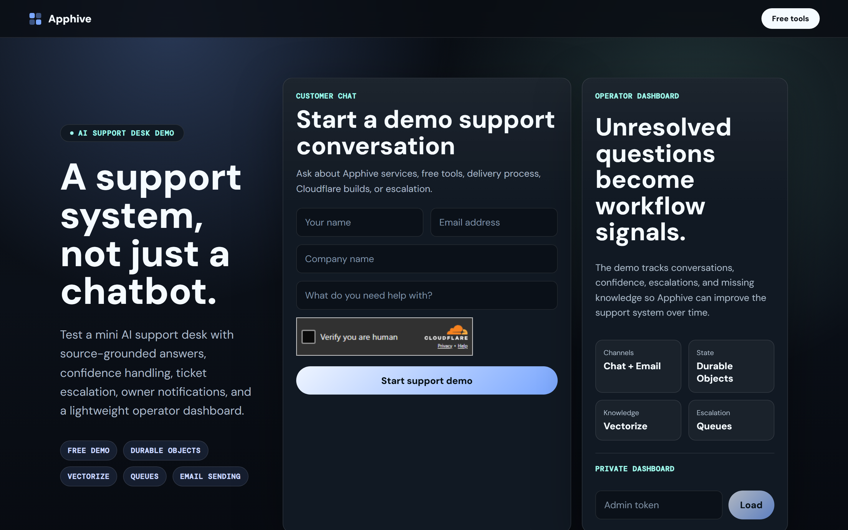 The support tool's intake page