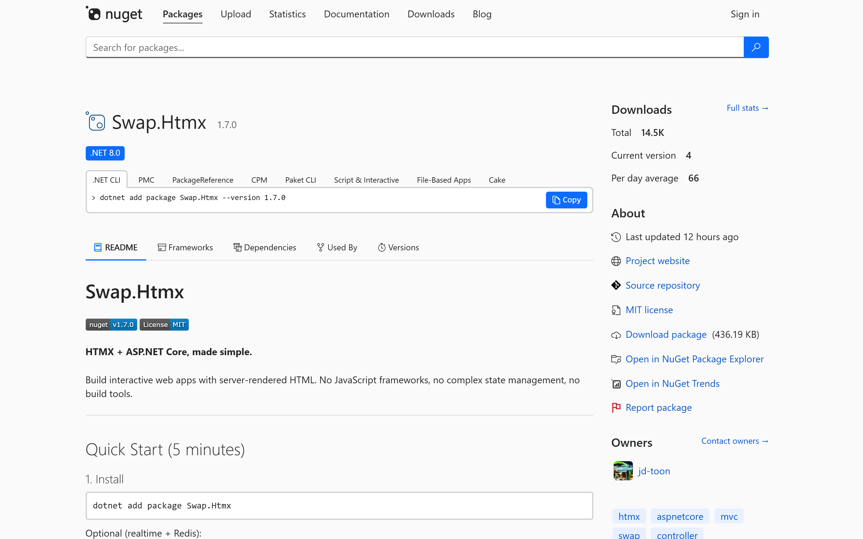 Swap.Htmx v1.7.0 on NuGet with its quick-start README